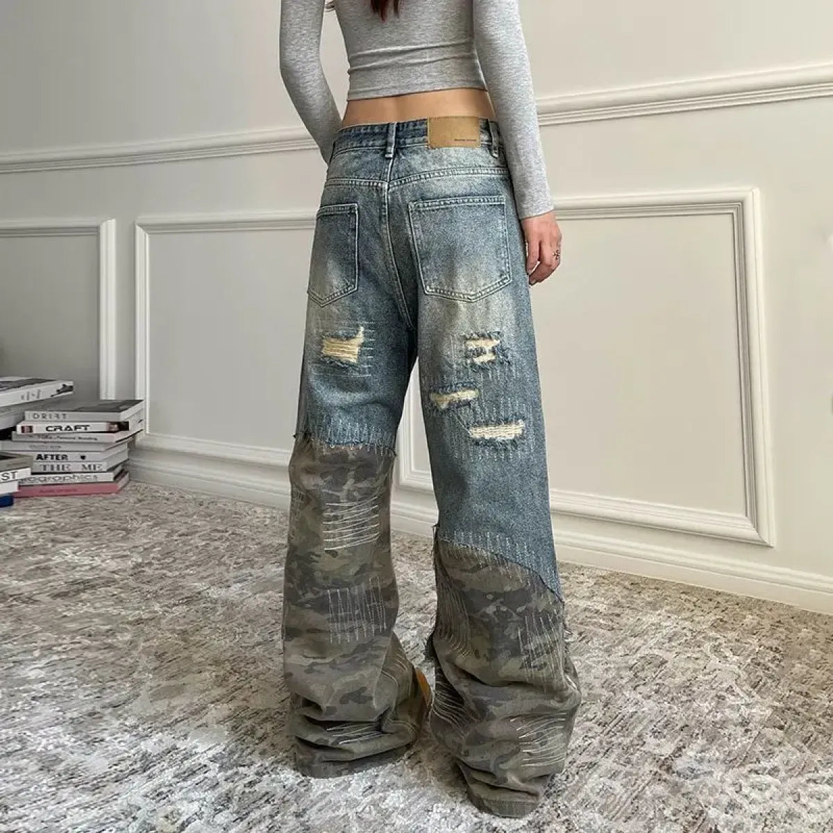 Retro Camo Patchwork Bell Bottom Jeans - Bottoms - Jeans - 3