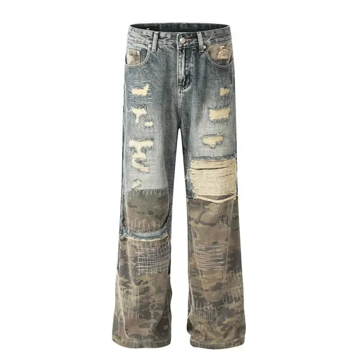 Retro Camo Patchwork Bell Bottom Jeans - Bottoms - Jeans - 4