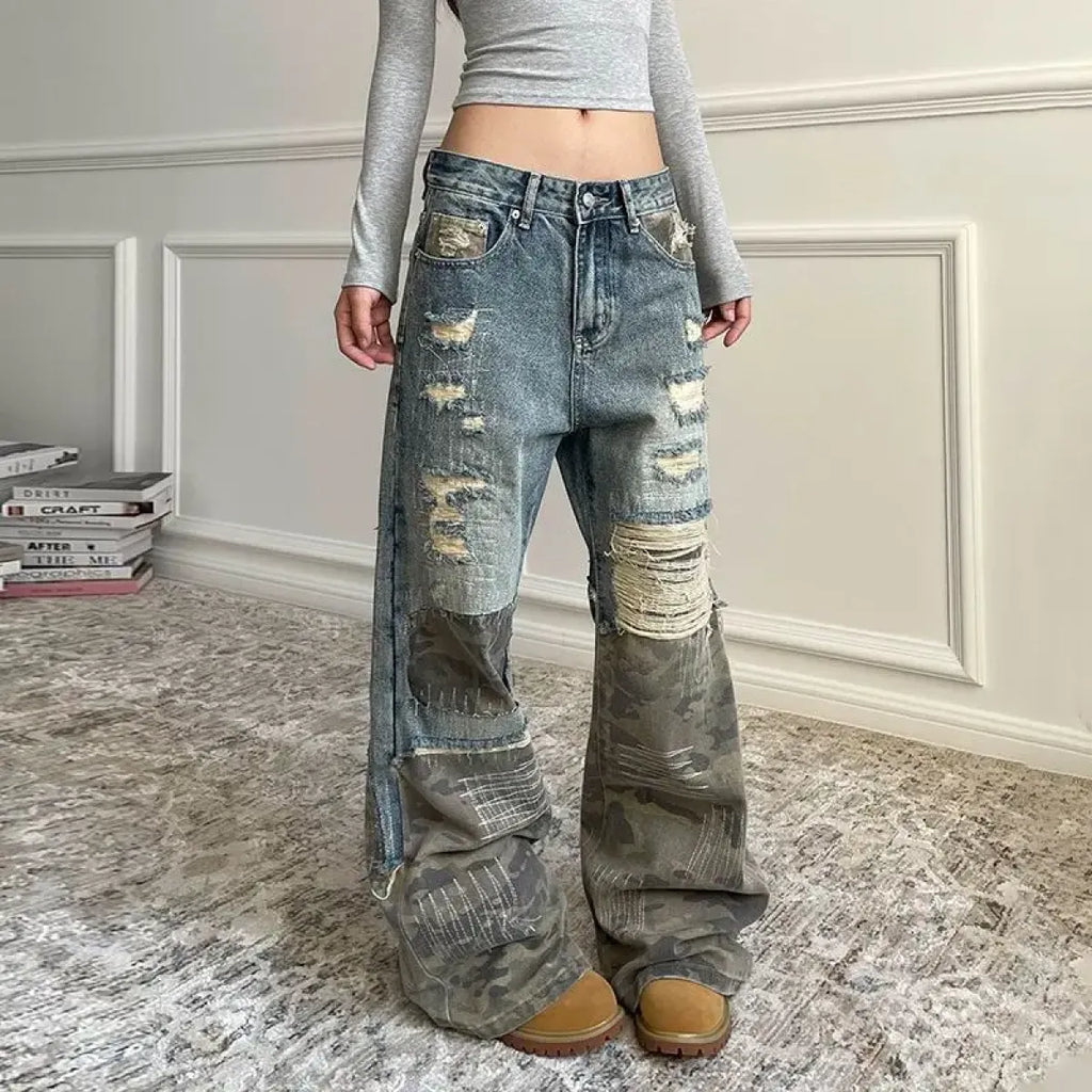 Retro Camo Patchwork Bell Bottom Jeans - Bottoms - Jeans - 5