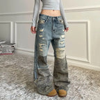 Retro Camo Patchwork Bell Bottom Jeans - Bottoms - Jeans - 5