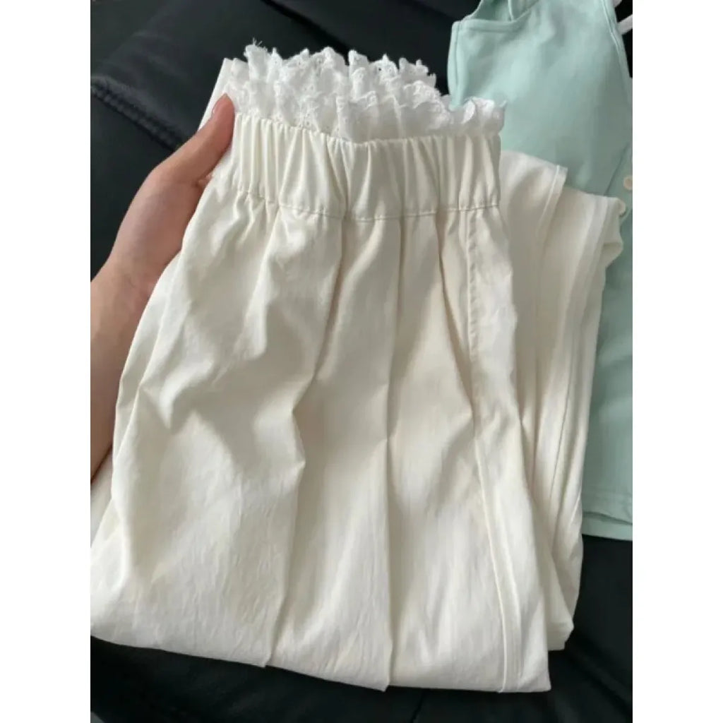 Lace Trim Wide Leg Pants – Retro Y2K Harajuku Casual Trousers - Bottoms - Women’s Pants - 6