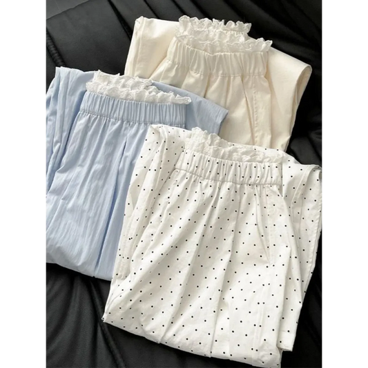 Lace Trim Wide Leg Pants – Retro Y2K Harajuku Casual Trousers - Bottoms - Women’s Pants - 1