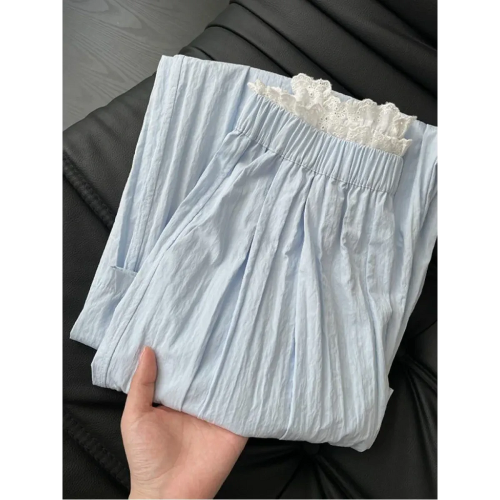 Lace Trim Wide Leg Pants – Retro Y2K Harajuku Casual Trousers - Bottoms - Women’s Pants - 10