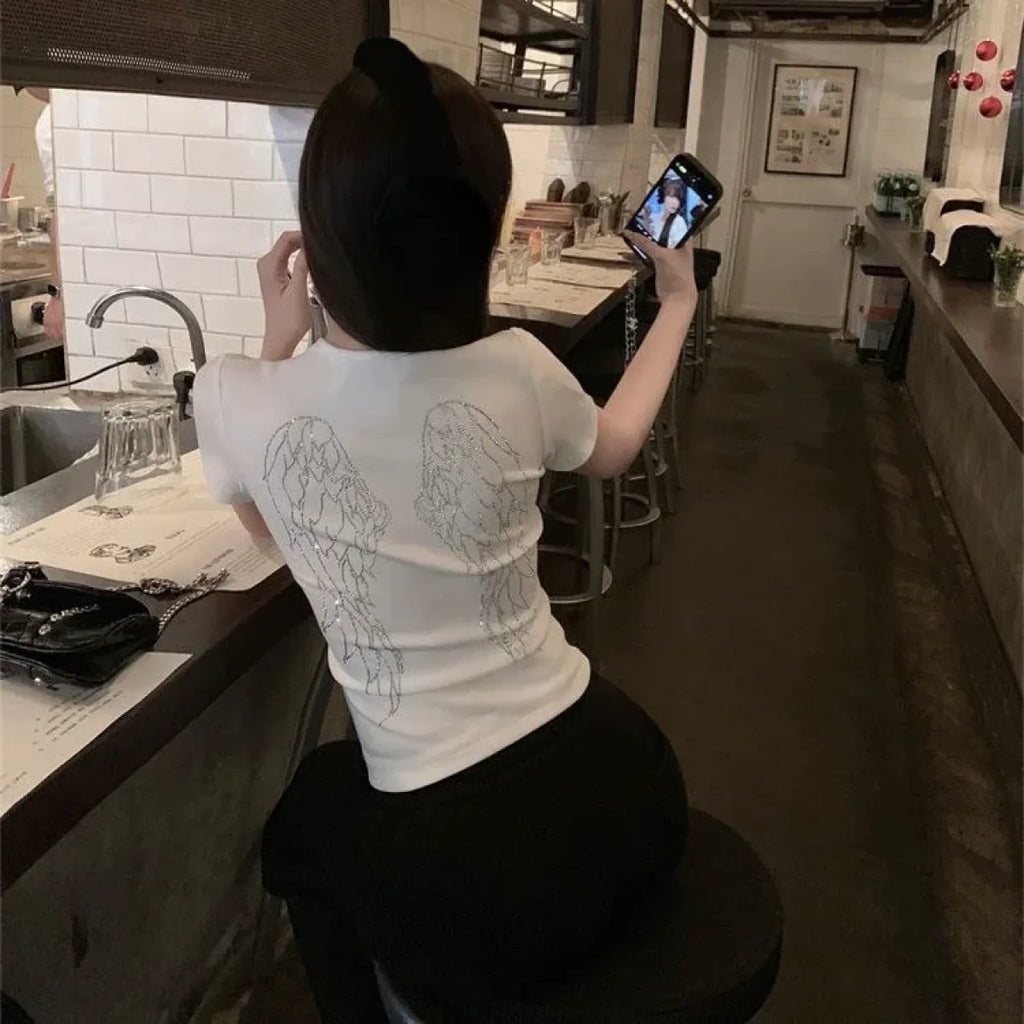 Harajuku Rhinestone Angel T-Shirt - T-Shirts - Crop Tops - 5