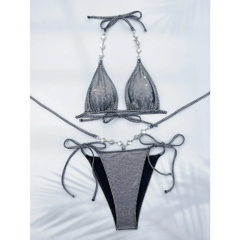 Rhinestone Halter Bikini Set – Glitter Tie Thong Swimwear - Harajuku Style - Strapless - Swimwear - 1