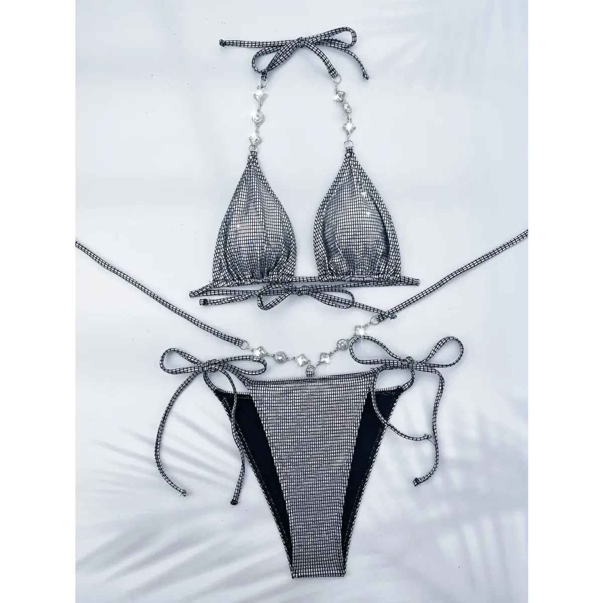 Rhinestone Halter Bikini Set – Glitter Tie Thong Swimwear - Harajuku Style - Strapless - Swimwear - 1