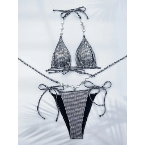 Rhinestone Halter Bikini Set – Glitter Tie Thong Swimwear - Harajuku Style - Strapless - Swimwear - 1