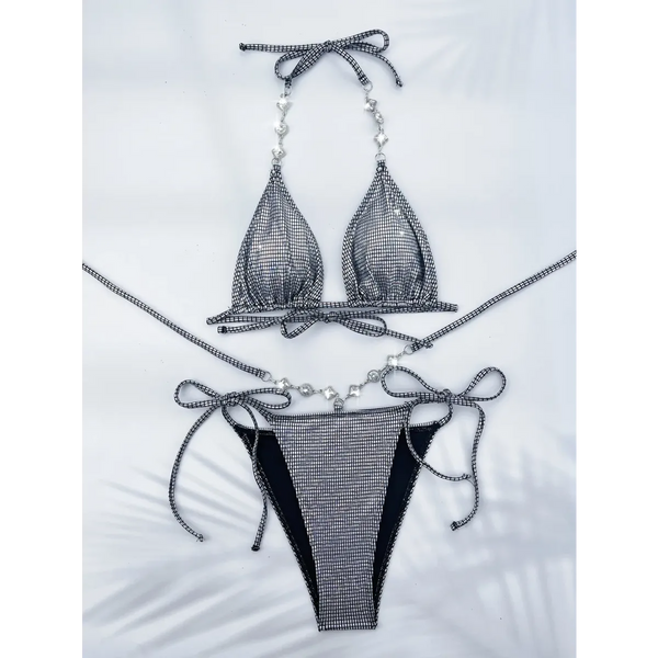 Rhinestone Halter Bikini Set – Glitter Tie Thong Swimwear - Harajuku Style - Strapless - Swimwear - 1