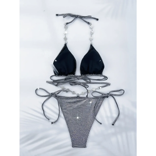 Rhinestone Halter Bikini Set – Glitter Tie Thong Swimwear - Harajuku Style - Strapless - Swimwear - 2