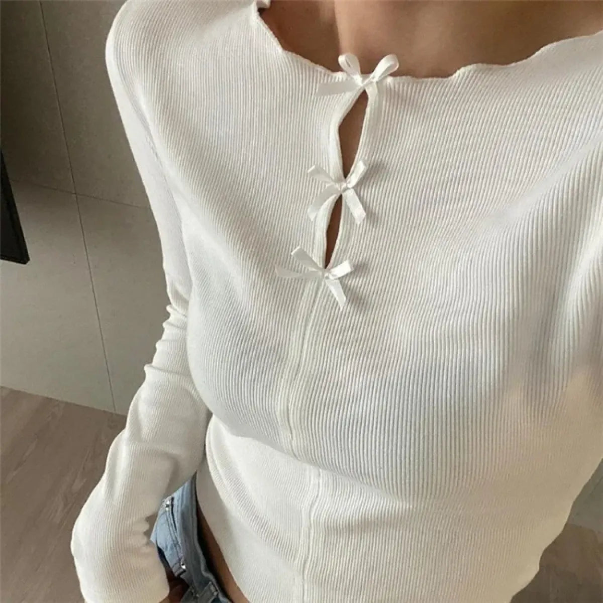 Ribbed Bow Tie Knit Top – Y2K E-Girl Slim Fit Long Sleeve Tee - T-Shirts - Long - Round - Blouses - 1