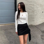 Ribbed Bow Tie Knit Top – Y2K E-Girl Slim Fit Long Sleeve Tee - T-Shirts - Long - Round - Blouses - 3