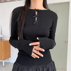 Ribbed Bow Tie Knit Top – Y2K E-Girl Slim Fit Long Sleeve Tee - T-Shirts - Long - Round - Blouses - 4
