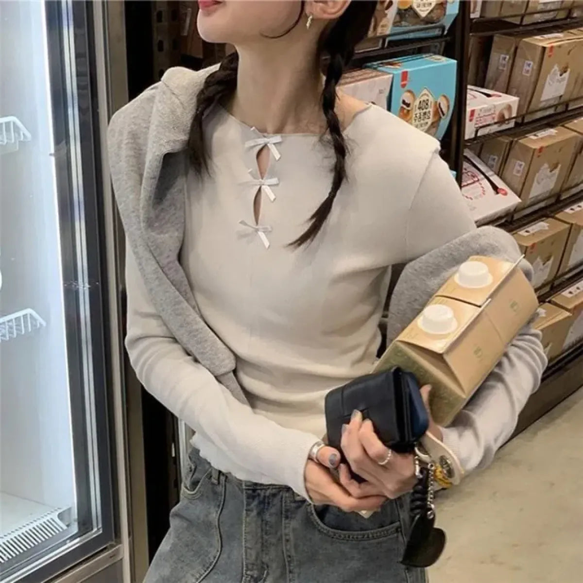 Ribbed Bow Tie Knit Top – Y2K E-Girl Slim Fit Long Sleeve Tee - T-Shirts - Long - Round - Blouses - 2