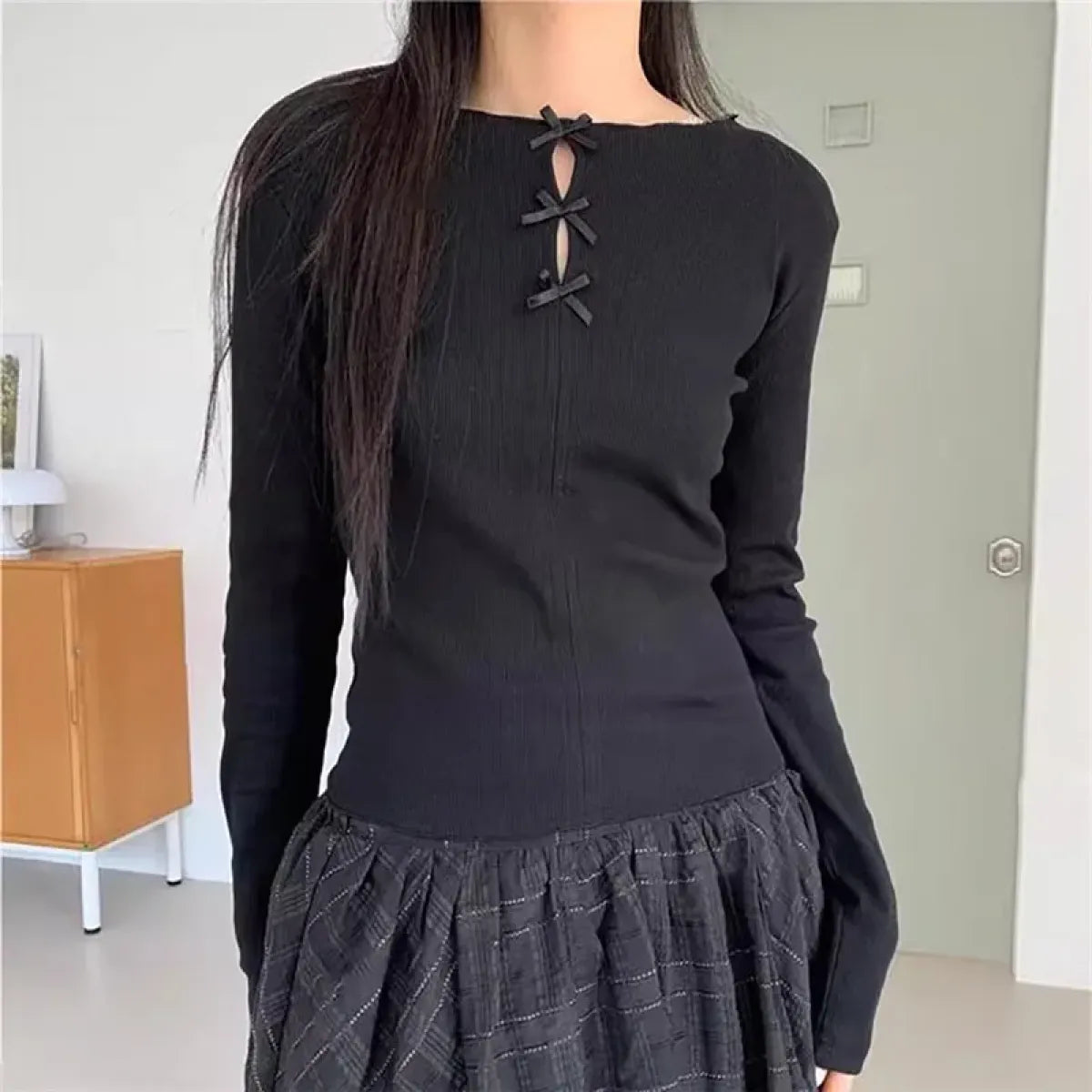 Ribbed Bow Tie Knit Top – Y2K E-Girl Slim Fit Long Sleeve Tee - T-Shirts - Long - Round - Blouses - 7