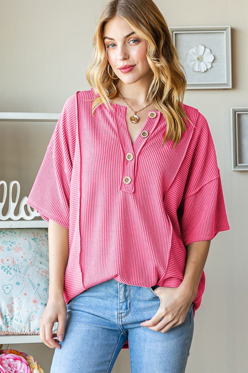 Ribbed Half Button Drop Shoulder Top - Pink / S - Tops & Tees - Shirts & Tops - 1 - 2024