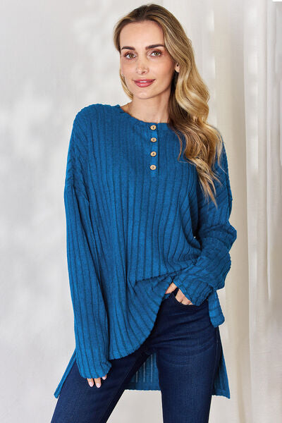 Ribbed Half Button Long Sleeve High-Low T-Shirt - Sky Blue / S - T-Shirts - Shirts & Tops - 1 - 2024