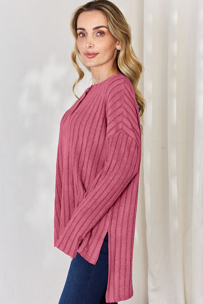 Ribbed Half Button Long Sleeve High-Low T-Shirt - T-Shirts - Shirts & Tops - 10 - 2024