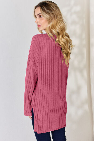 Ribbed Half Button Long Sleeve High-Low T-Shirt - T-Shirts - Shirts & Tops - 11 - 2024