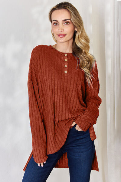 Ribbed Half Button Long Sleeve High-Low T-Shirt - Brick Red / S - T-Shirts - Shirts & Tops - 13 - 2024