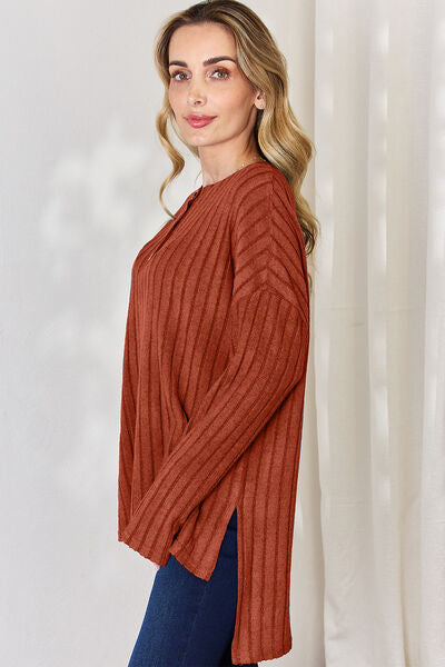 Ribbed Half Button Long Sleeve High-Low T-Shirt - T-Shirts - Shirts & Tops - 14 - 2024