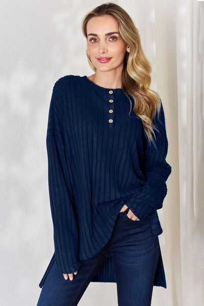 Ribbed Half Button Long Sleeve High-Low T-Shirt - Peacock Blue / S - T-Shirts - Shirts & Tops - 17 - 2024