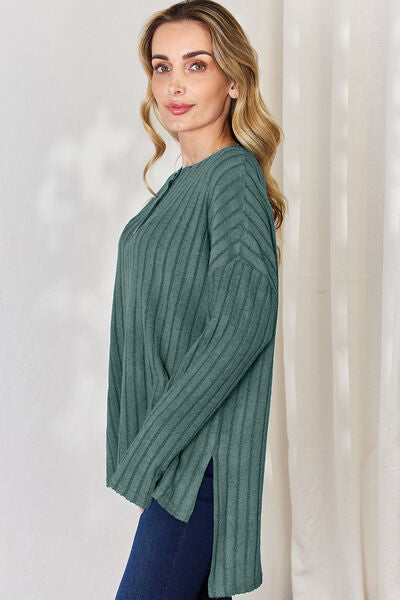 Ribbed Half Button Long Sleeve High-Low T-Shirt - T-Shirts - Shirts & Tops - 7 - 2024