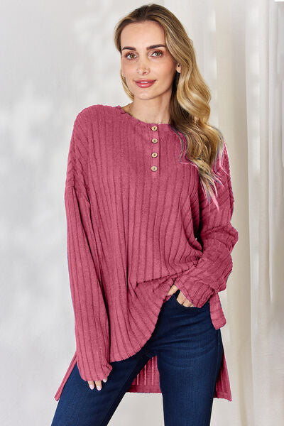 Ribbed Half Button Long Sleeve High-Low T-Shirt - Hot Pink / S - T-Shirts - Shirts & Tops - 9 - 2024