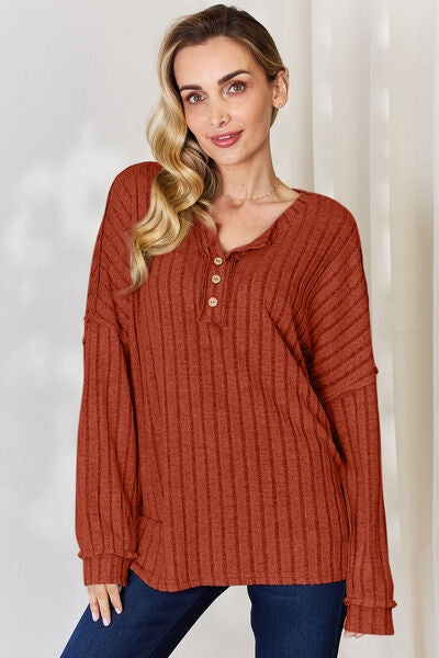 Ribbed Half Button Long Sleeve T-Shirt - Brick Red / S - T-Shirts - Shirts & Tops - 1 - 2024