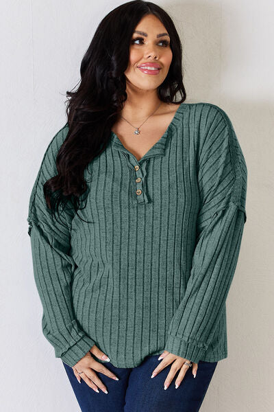 Ribbed Half Button Long Sleeve T-Shirt - T-Shirts - Shirts & Tops - 12 - 2024