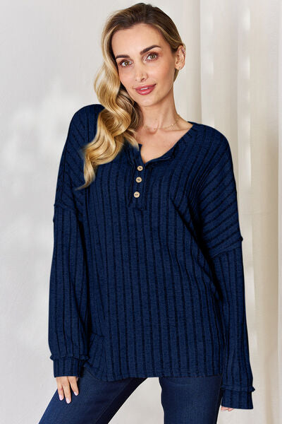 Ribbed Half Button Long Sleeve T-Shirt - Peacock Blue / S - T-Shirts - Shirts & Tops - 14 - 2024