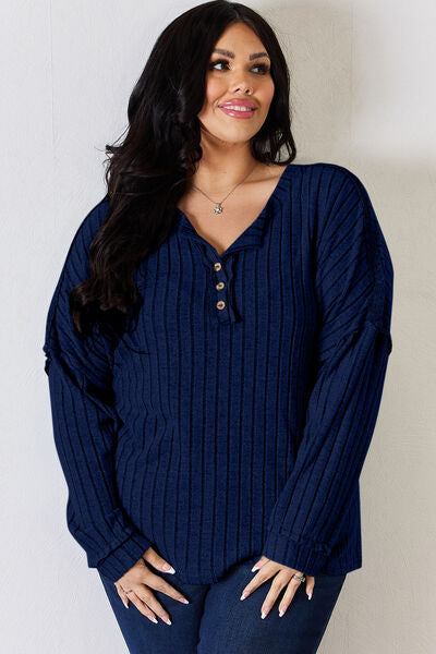 Ribbed Half Button Long Sleeve T-Shirt - T-Shirts - Shirts & Tops - 17 - 2024