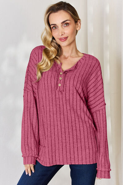 Ribbed Half Button Long Sleeve T-Shirt - Hot Pink / S - T-Shirts - Shirts & Tops - 20 - 2024