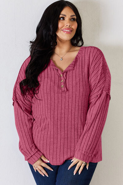 Ribbed Half Button Long Sleeve T-Shirt - T-Shirts - Shirts & Tops - 24 - 2024