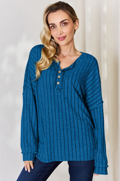 Ribbed Half Button Long Sleeve T-Shirt - Sky Blue / S - T-Shirts - Shirts & Tops - 26 - 2024