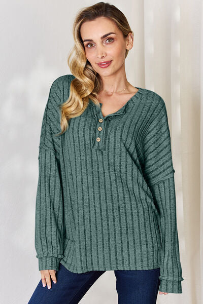 Ribbed Half Button Long Sleeve T-Shirt - T-Shirts - Shirts & Tops - 8 - 2024