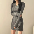 Harajuku Slim Fit Ribbed Knit V-Neck Dress - All Dresses - Dresses - 3