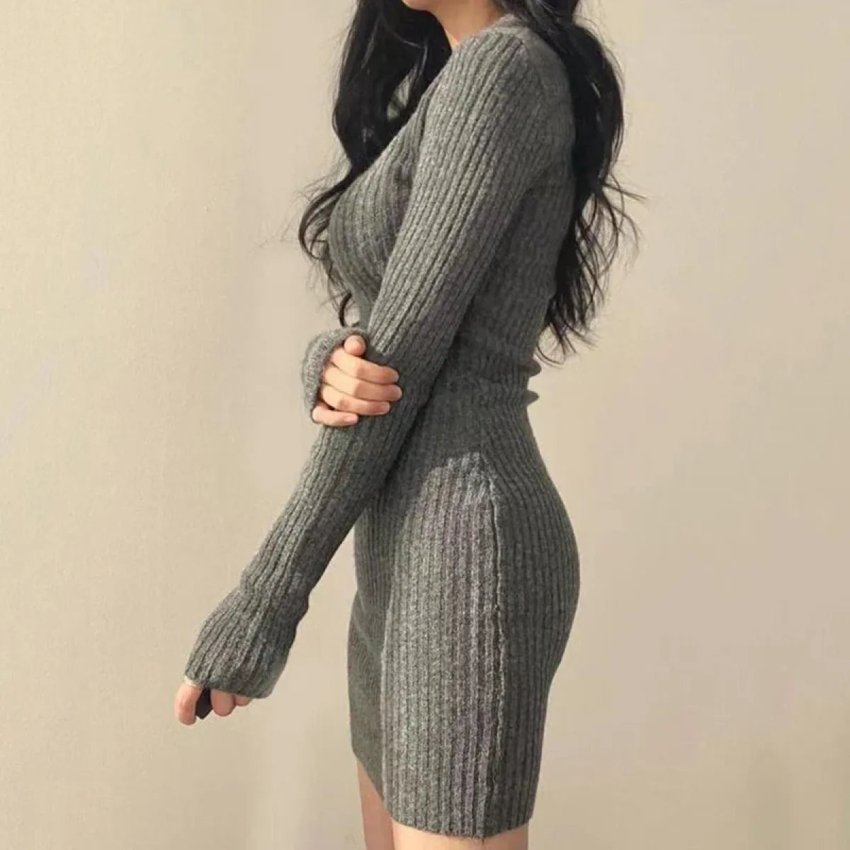 Harajuku Slim Fit Ribbed Knit V-Neck Dress - All Dresses - Dresses - 5