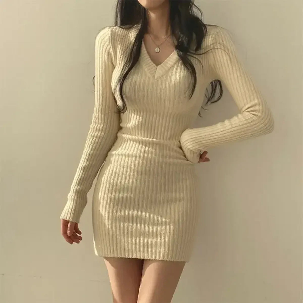 Harajuku Slim Fit Ribbed Knit V-Neck Dress - All Dresses - Dresses - 7