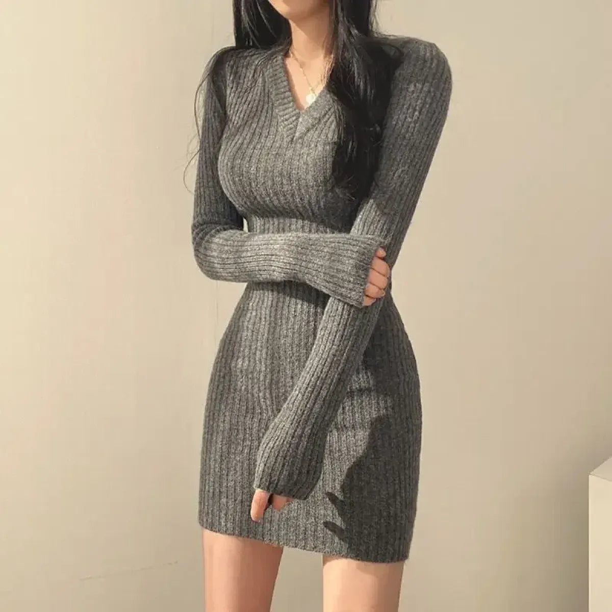 Harajuku Slim Fit Ribbed Knit V-Neck Dress - All Dresses - Dresses - 8