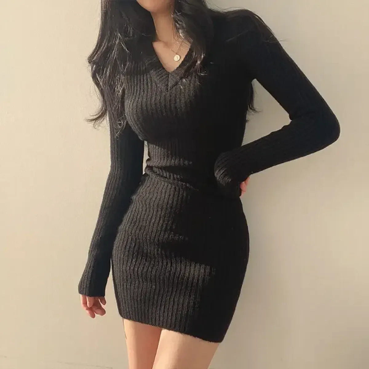 Harajuku Slim Fit Ribbed Knit V-Neck Dress - All Dresses - Dresses - 9