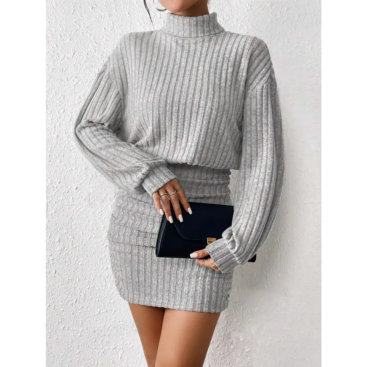 High Neck Ribbed Knit Sweater Dress - All Dresses - Sweater / Pullover - 3