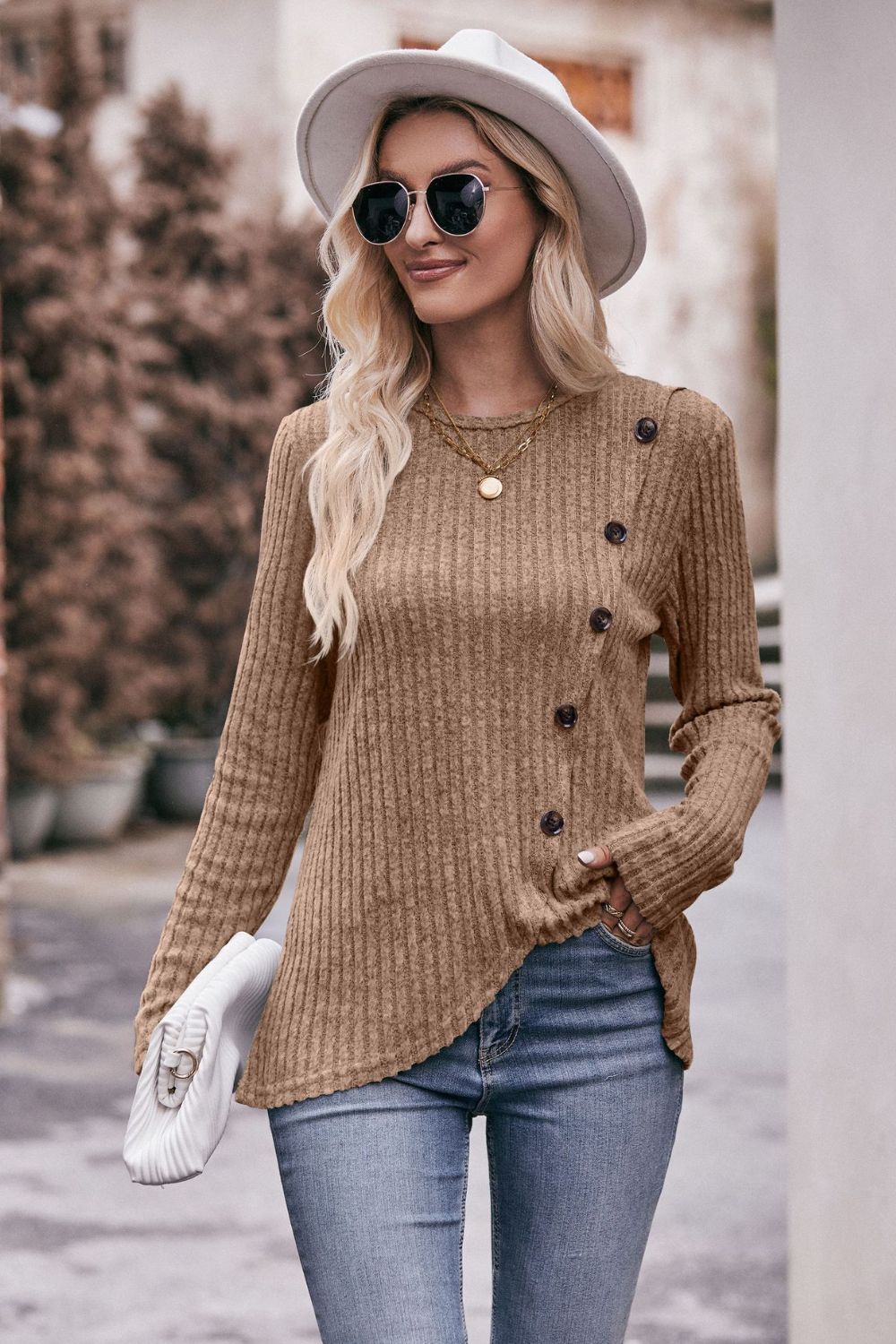 Ribbed Round Neck Buttoned Long Sleeve Tee - T-Shirts - Shirts & Tops - 11 - 2024