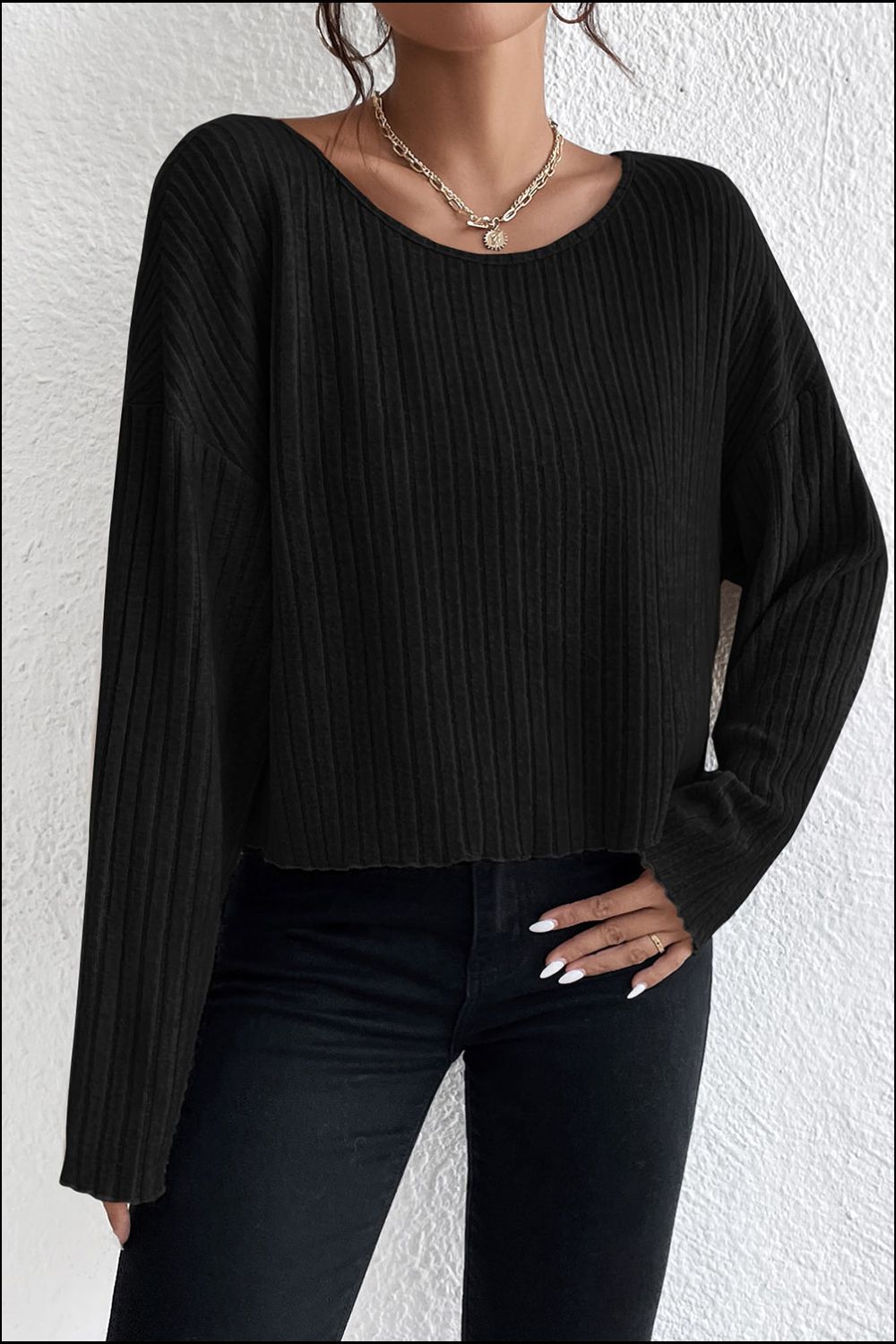 Ribbed Round Neck Drop Shoulder Long Sleeve Top - Women’s Clothing & Accessories - Shirts & Tops - 4 - 2024