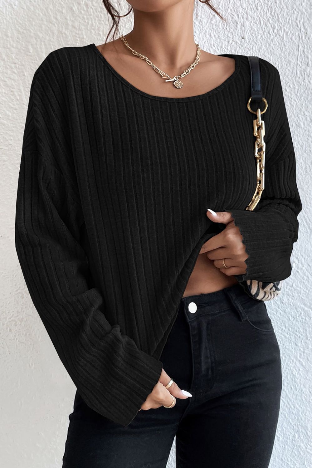 Ribbed Round Neck Drop Shoulder Long Sleeve Top - Women’s Clothing & Accessories - Shirts & Tops - 6 - 2024