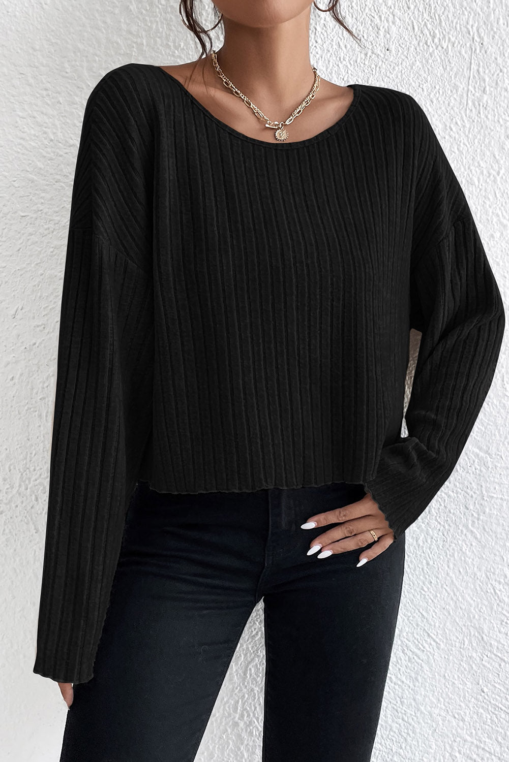 Ribbed Round Neck Drop Shoulder Long Sleeve Top - Black / S - Women’s Clothing & Accessories - Shirts & Tops - 8 - 2024