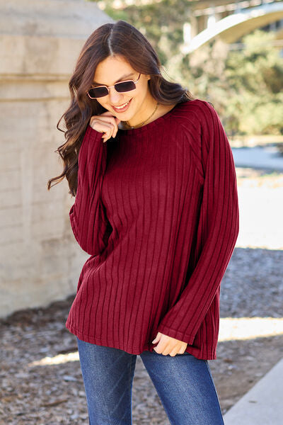 Ribbed Round Neck Long Sleeve Knit Top - Scarlet / S - Tops - Shirts & Tops - 1 - 2024