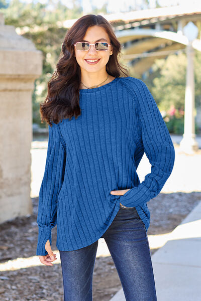 Ribbed Round Neck Long Sleeve Knit Top - Royal Blue / S - Tops - Shirts & Tops - 1 - 2024