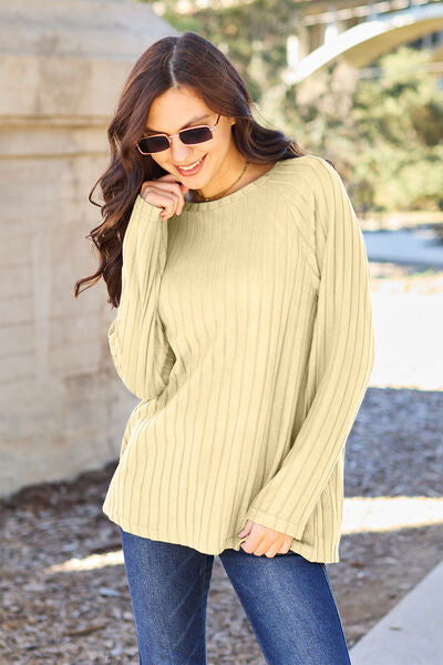 Ribbed Round Neck Long Sleeve Knit Top - Pastel Yellow / S - Tops - Shirts & Tops - 10 - 2024