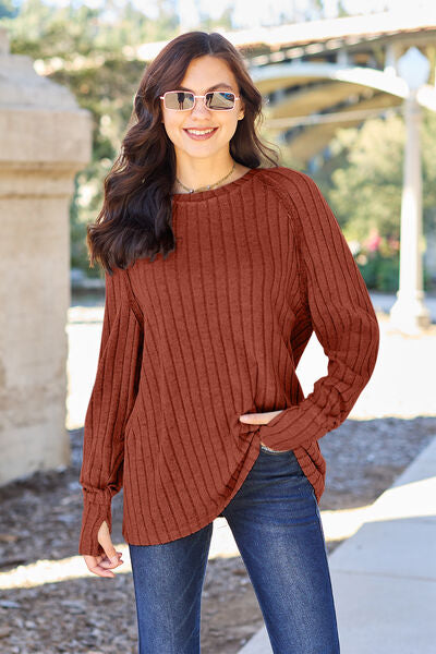 Ribbed Round Neck Long Sleeve Knit Top - Tops - Shirts & Tops - 11 - 2024