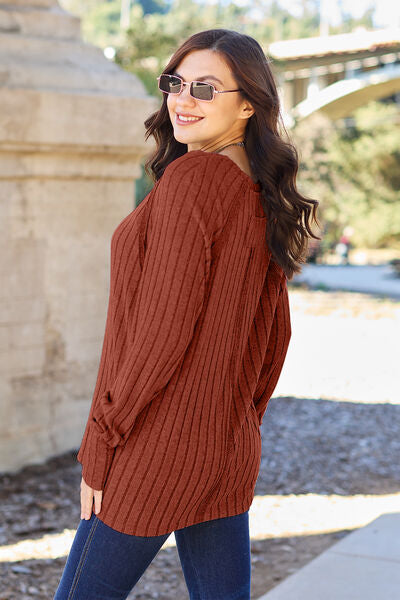 Ribbed Round Neck Long Sleeve Knit Top - Tops - Shirts & Tops - 12 - 2024